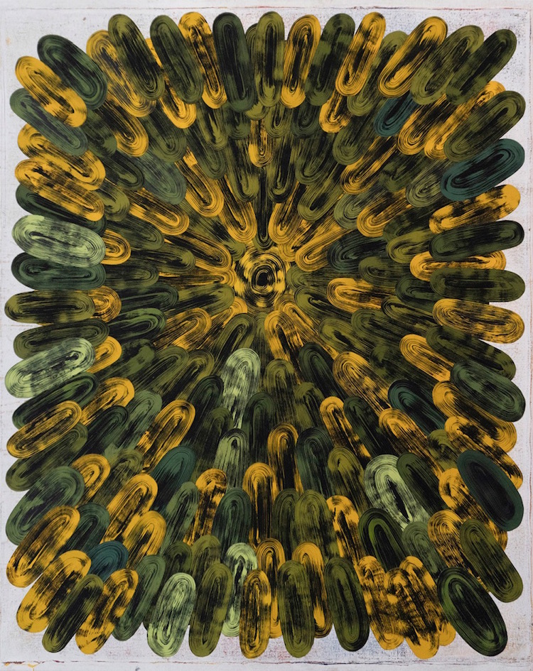"Pickle Vortex", 2019 Acrylic and flashe on paper on canvas, 60 x 48 inches (152.4 x 121.9 cm)